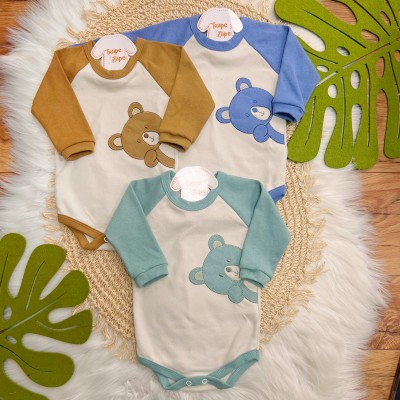 Kit 3 Peças - Bodys Manga Curta Bear - Verde, Azul e Caramelo